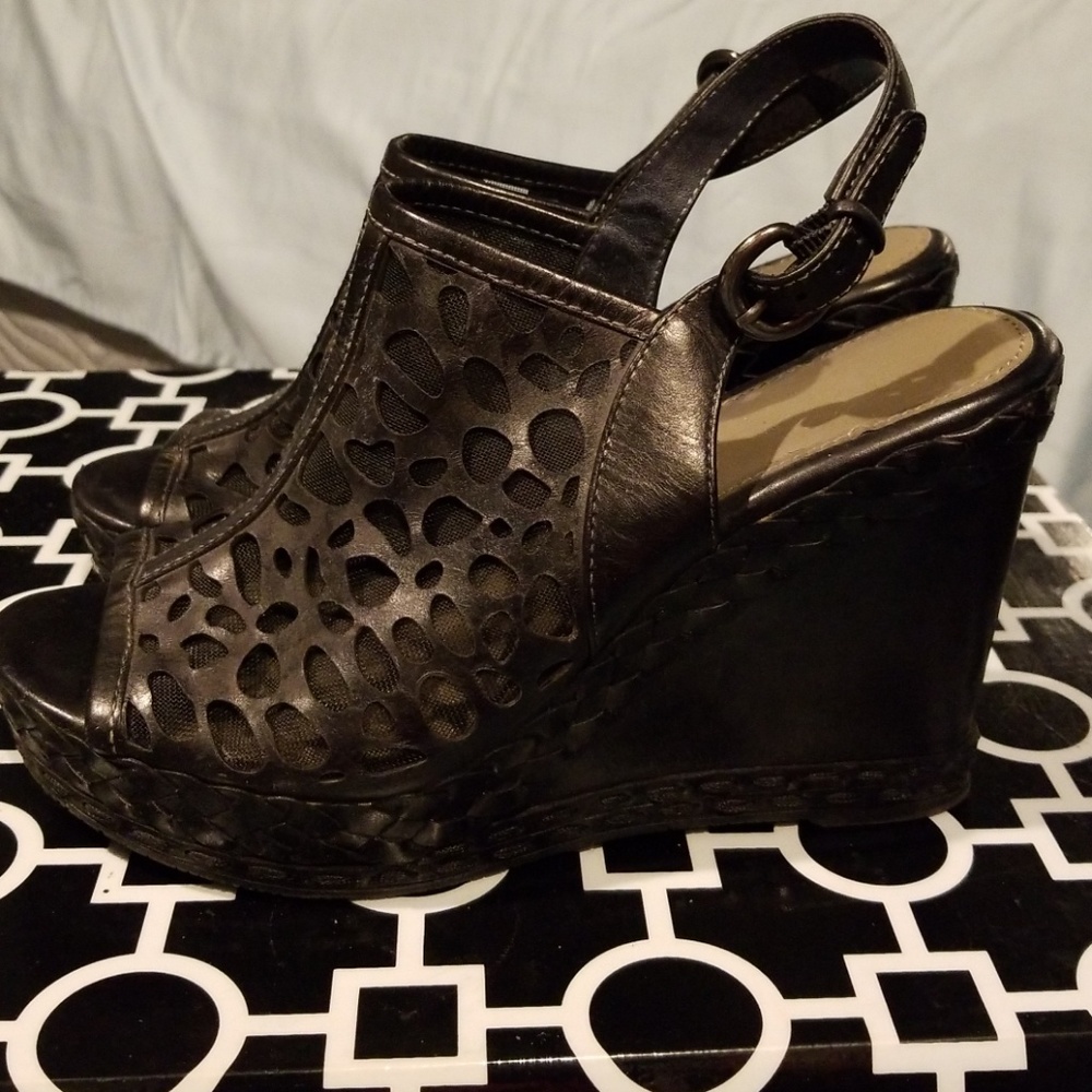 Size 8.5 Genuine Leather Black  Wedge Sandals